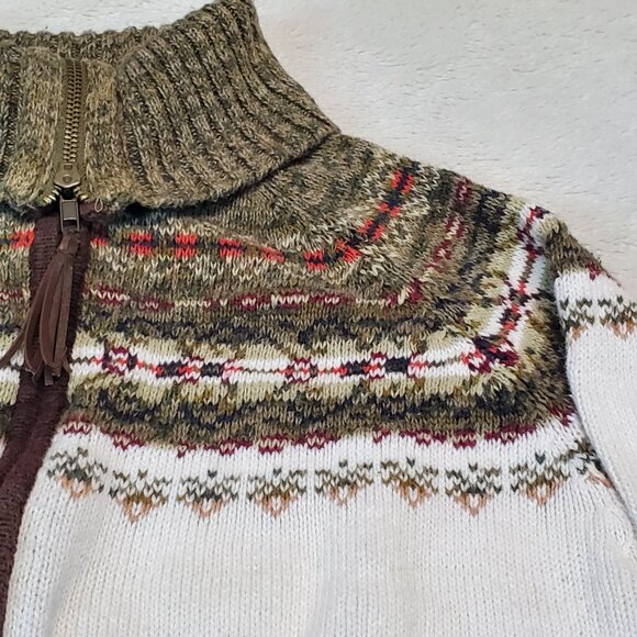 Tiara White Green Knit Fair Isle Cozy Everyday Fall Turtleneck Cardigan Women S - Picture 2 of 9
